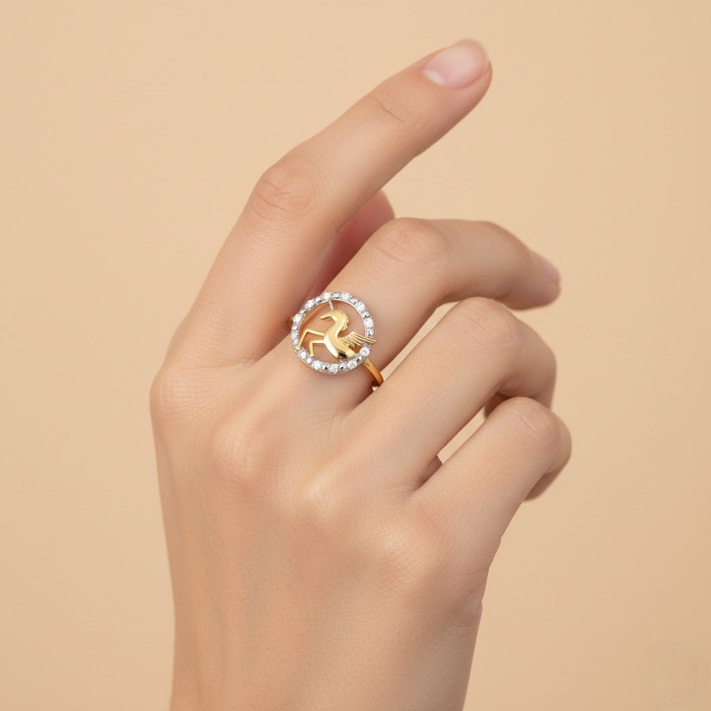 Majestic Pegasus Circular Motif Design Diamond Gold Ring