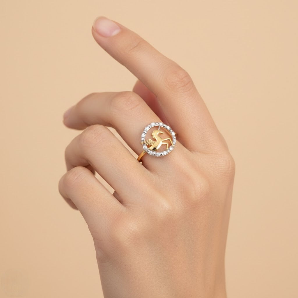 Majestic Pegasus Circular Motif Design Diamond Gold Ring
