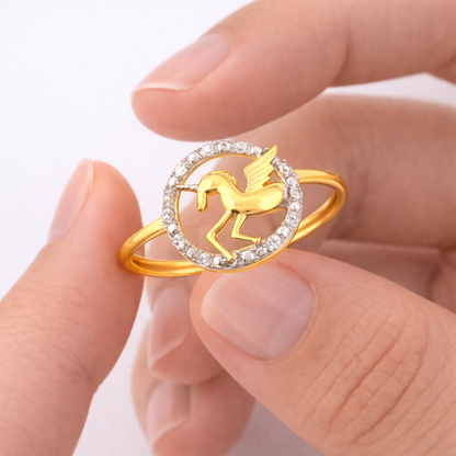 Majestic Pegasus Circular Motif Design Diamond Gold Ring