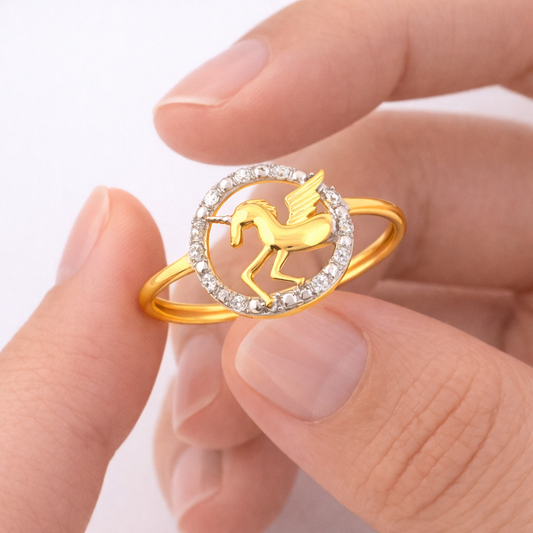Majestic Pegasus Circular Motif Design Diamond Gold Ring