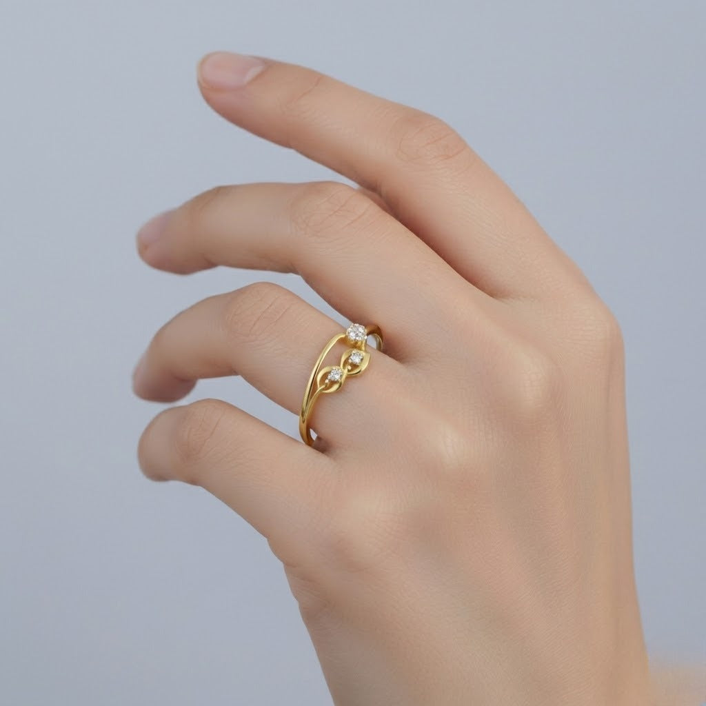 Elegant Twin Loop Floral Sparkle Diamond Gold Ring