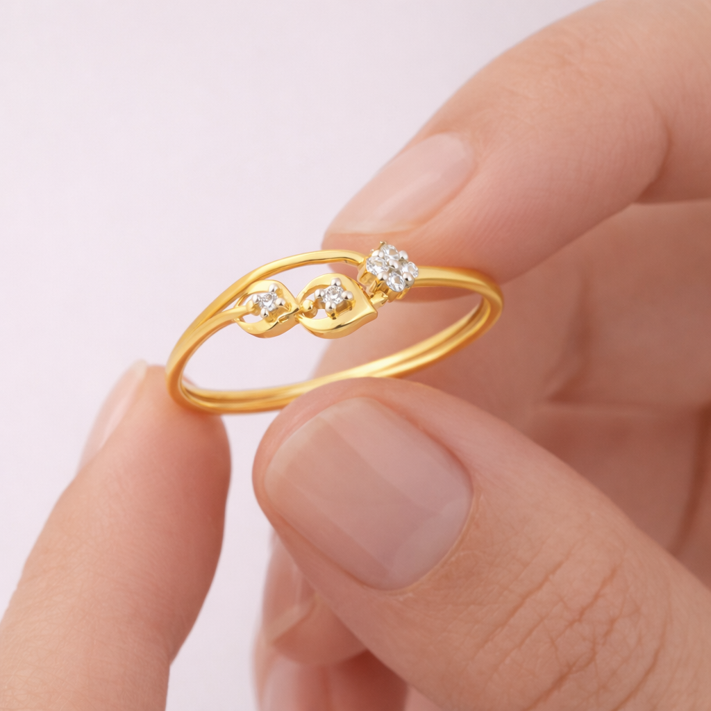 Elegant Twin Loop Floral Sparkle Diamond Gold Ring