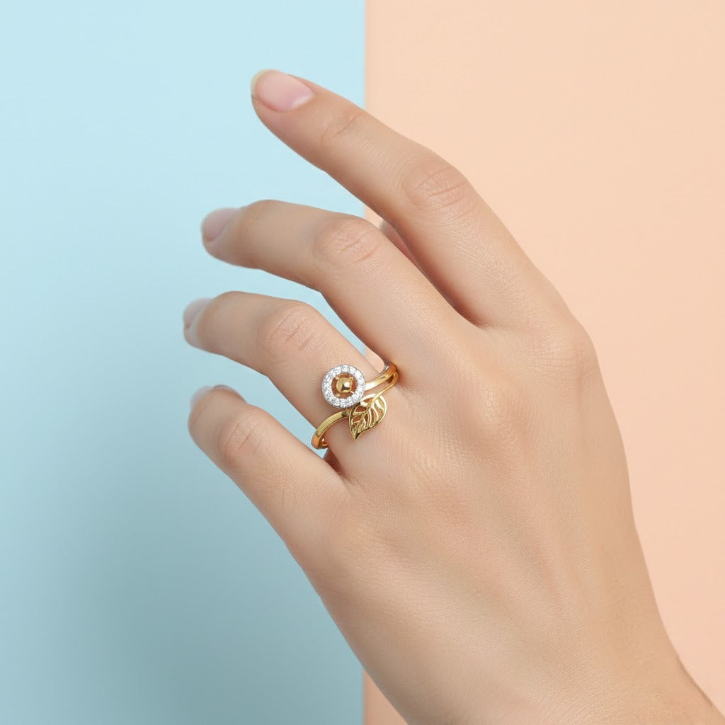 Leaf Accent Halo Design Diamond Gold Ring