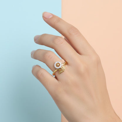 Leaf Accent Halo Design Diamond Gold Ring