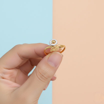 Leaf Accent Halo Design Diamond Gold Ring