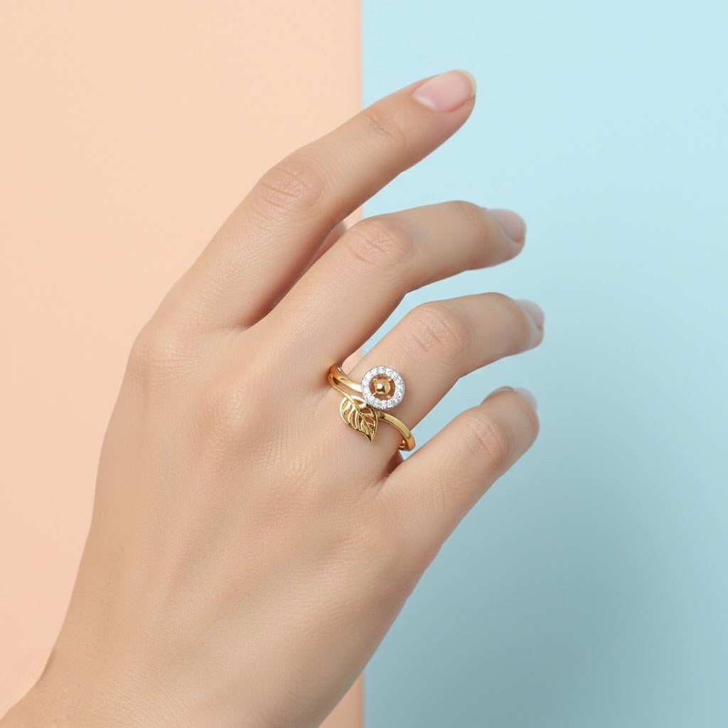 Leaf Accent Halo Design Diamond Gold Ring