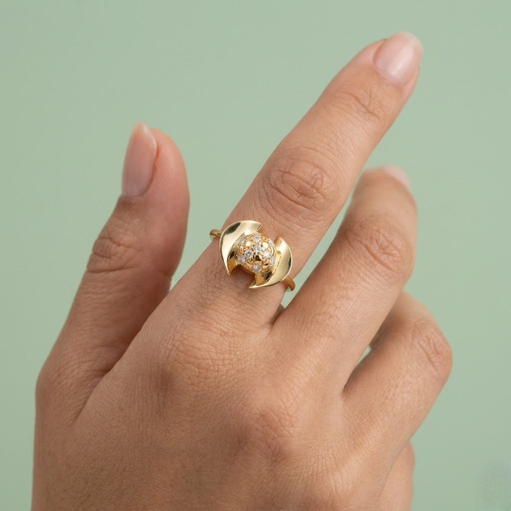 Modern Dual Curve Halo Design Diamond Gold Ring