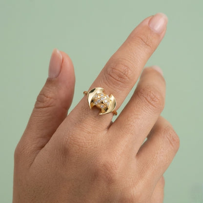 Modern Dual Curve Halo Design Diamond Gold Ring