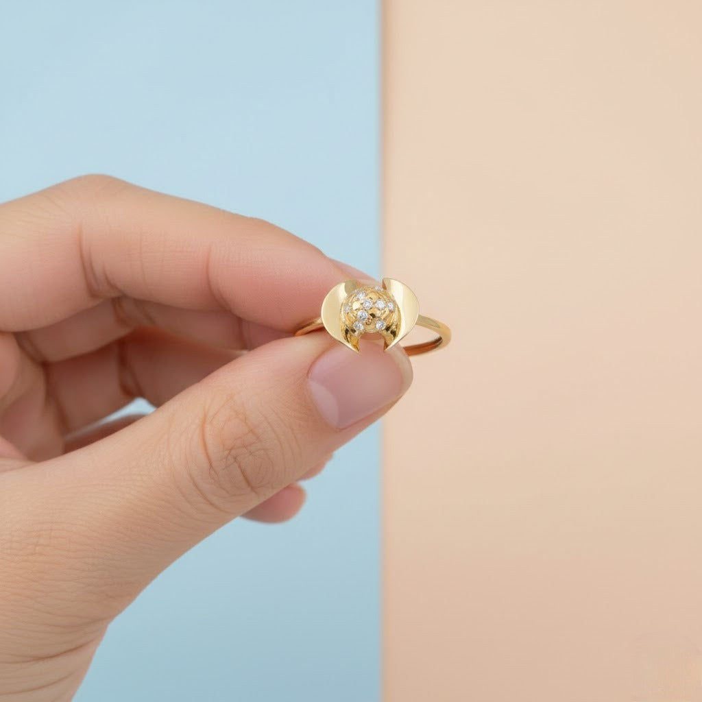 Modern Dual Curve Halo Design Diamond Gold Ring
