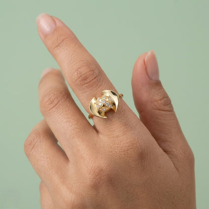 Modern Dual Curve Halo Design Diamond Gold Ring