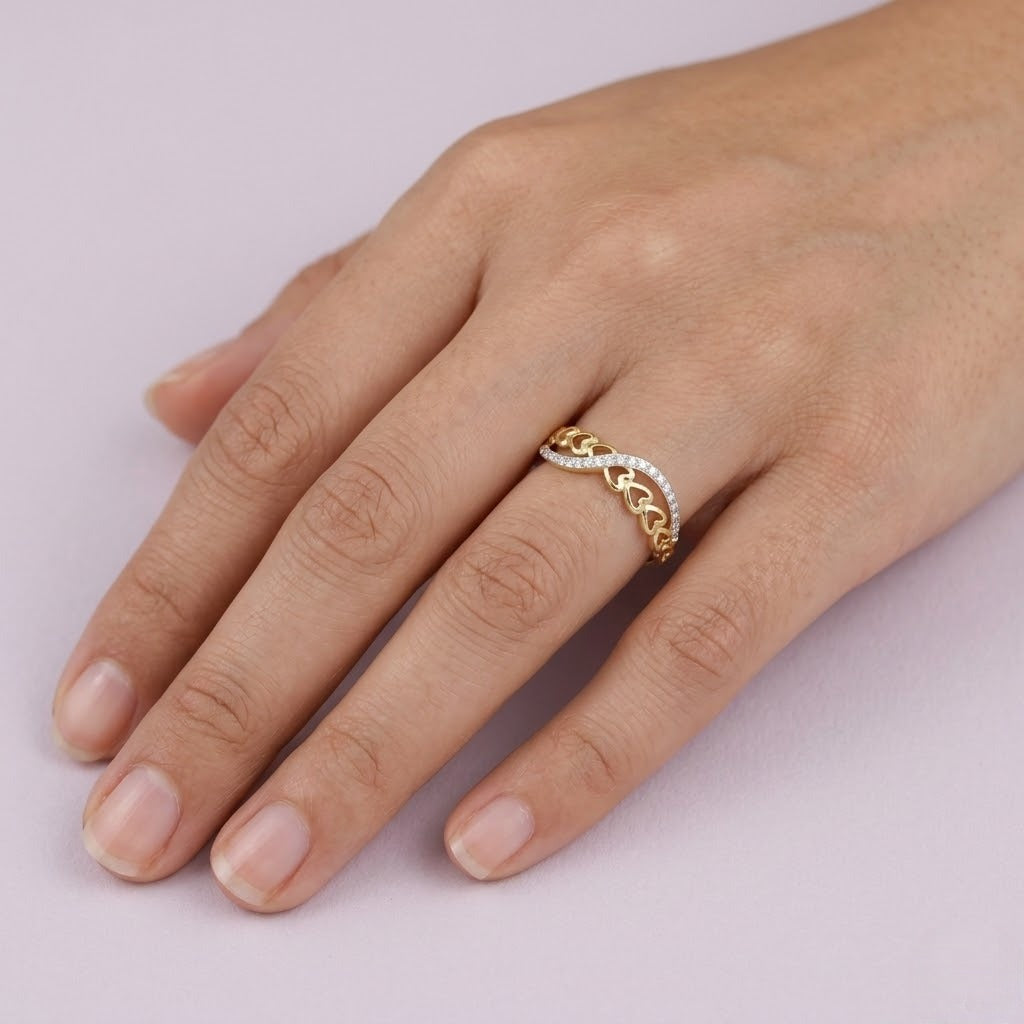 Infinity Twist Leaf Pattern Sparkle Diamond Gold Ring
