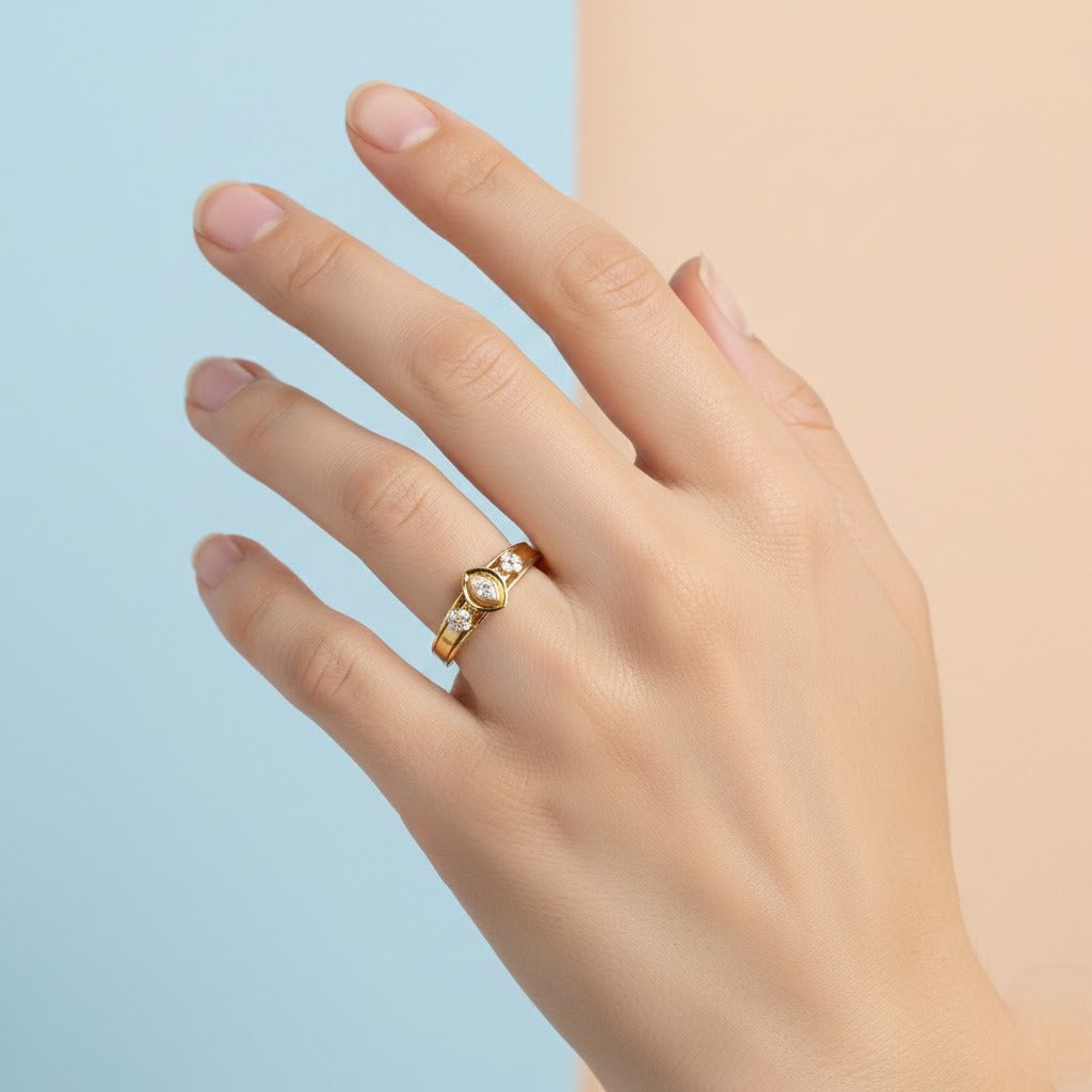 Classic Teardrop Trio Accent Diamond Gold Ring
