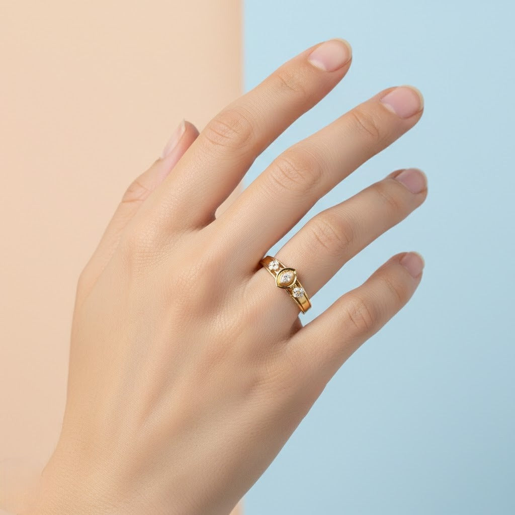 Classic Teardrop Trio Accent Diamond Gold Ring