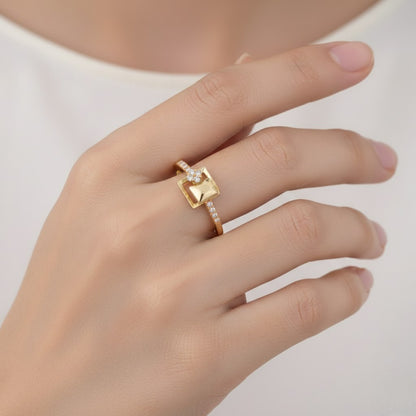 Contemporary Square Frame Center Sparkle Diamond Gold Ring