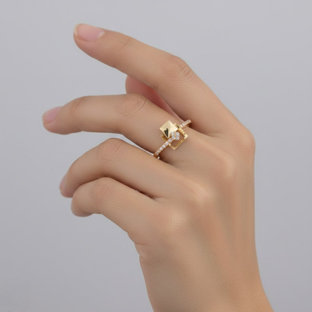 Contemporary Square Frame Center Sparkle Diamond Gold Ring