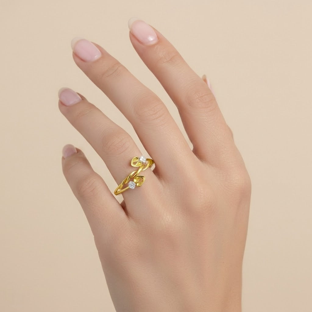 Yellow Gold Leaf Twist Floral Sparkle Diamond Gold Ring