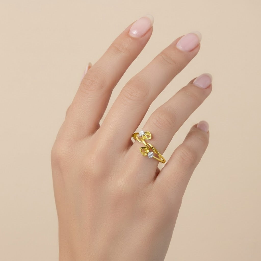 Yellow Gold Leaf Twist Floral Sparkle Diamond Gold Ring