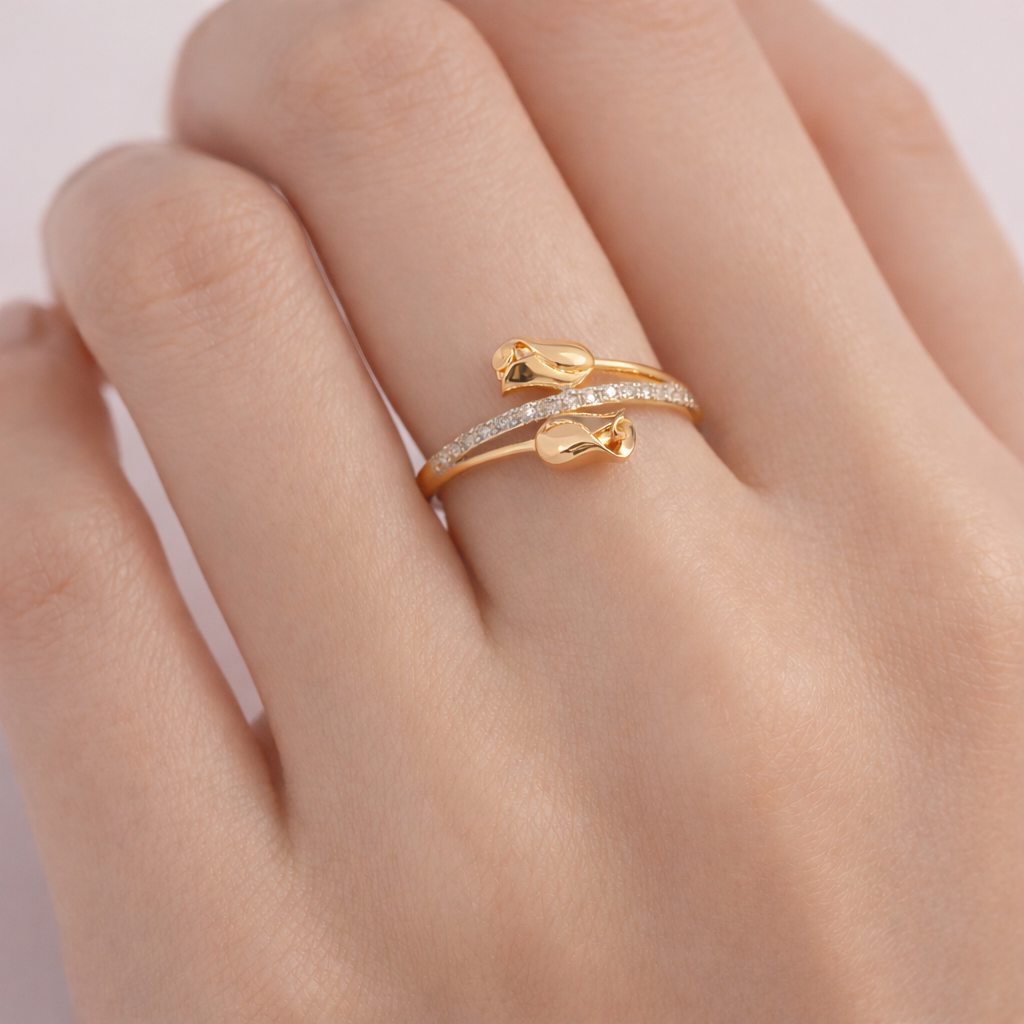 Graceful Twin Leaf Curve Design Diamond Gold Ring