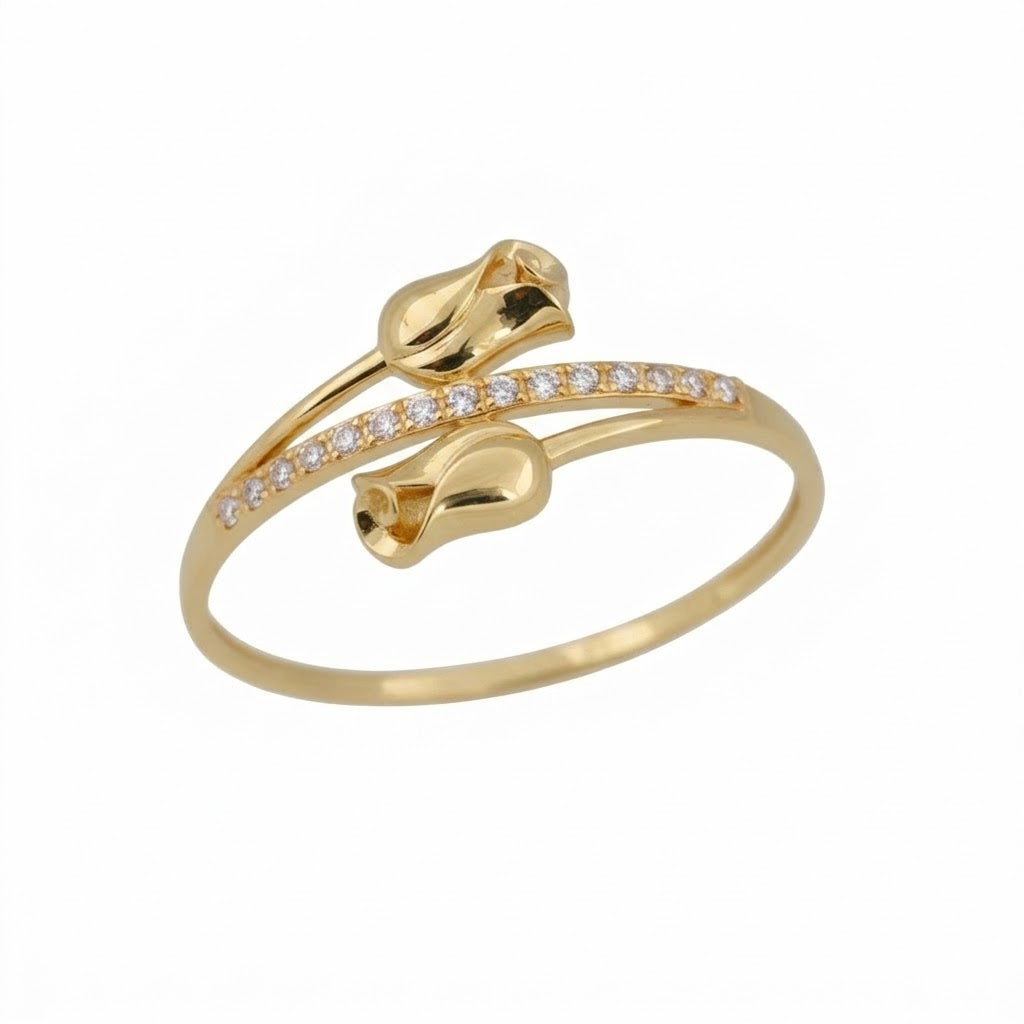 Graceful Twin Leaf Curve Design Diamond Gold Ring