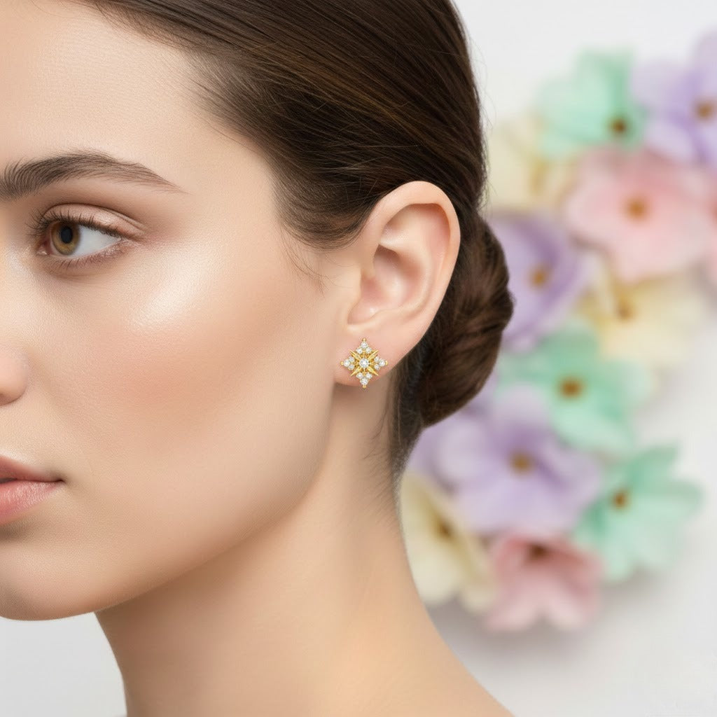 Spiked Floral Cluster Diamond Gold Earrings