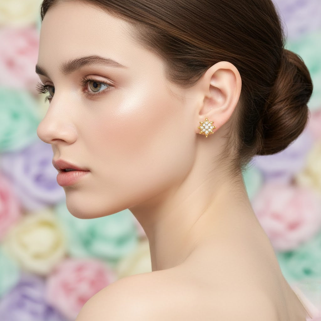 Pretty Floral Star Cluster Diamond Gold Earrings