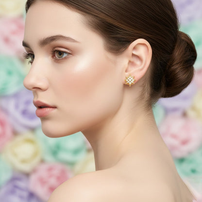 Pretty Floral Star Cluster Diamond Gold Earrings