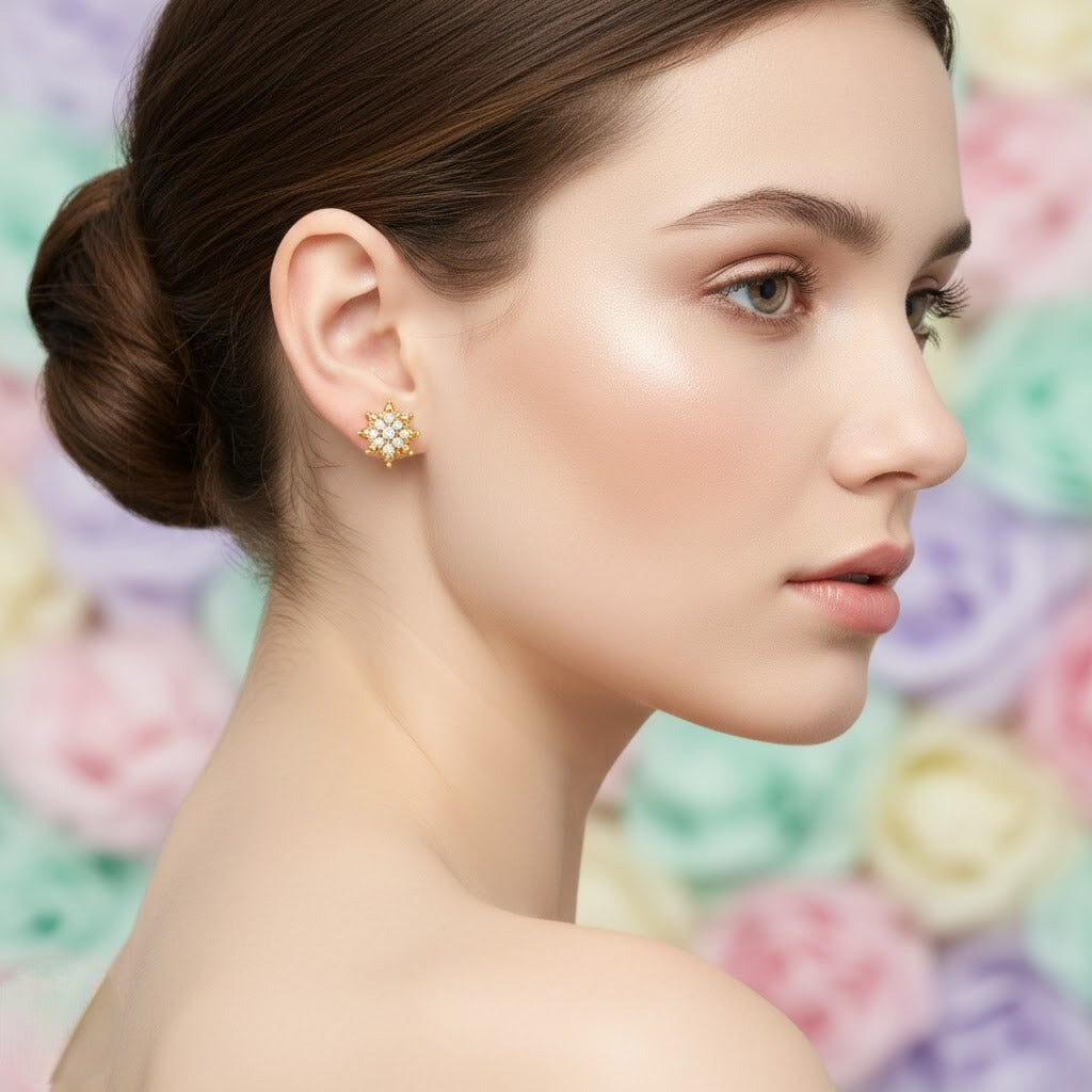 Pretty Floral Star Cluster Diamond Gold Earrings