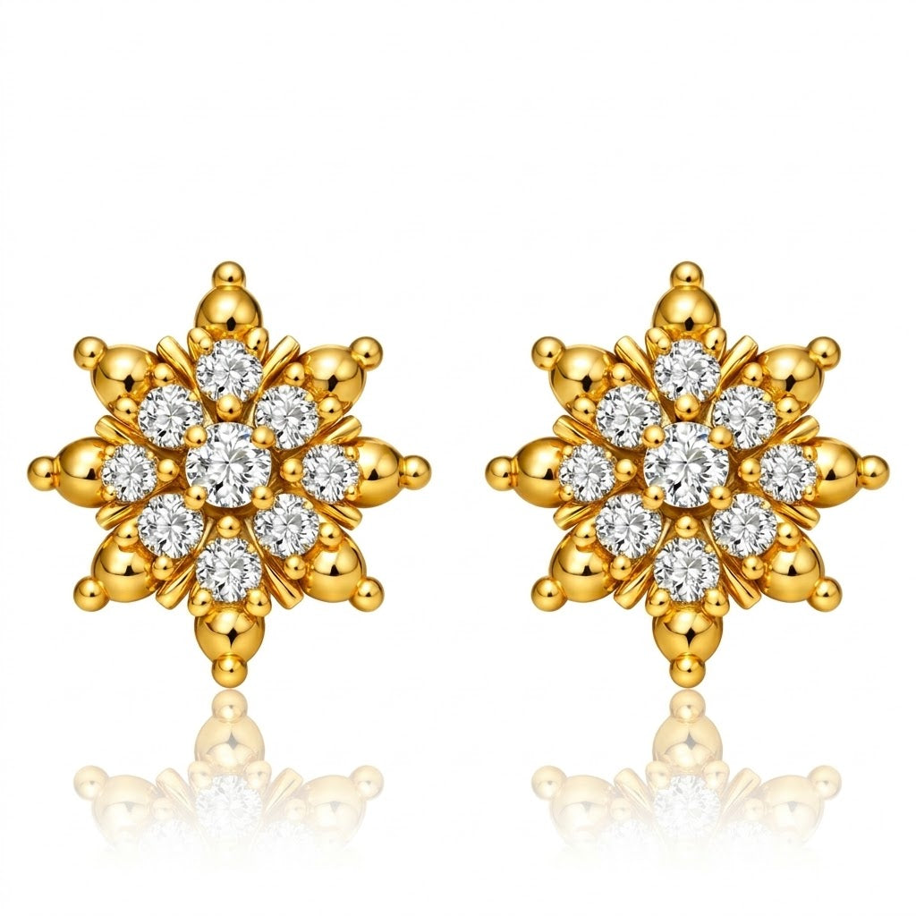 Pretty Floral Star Cluster Diamond Gold Earrings