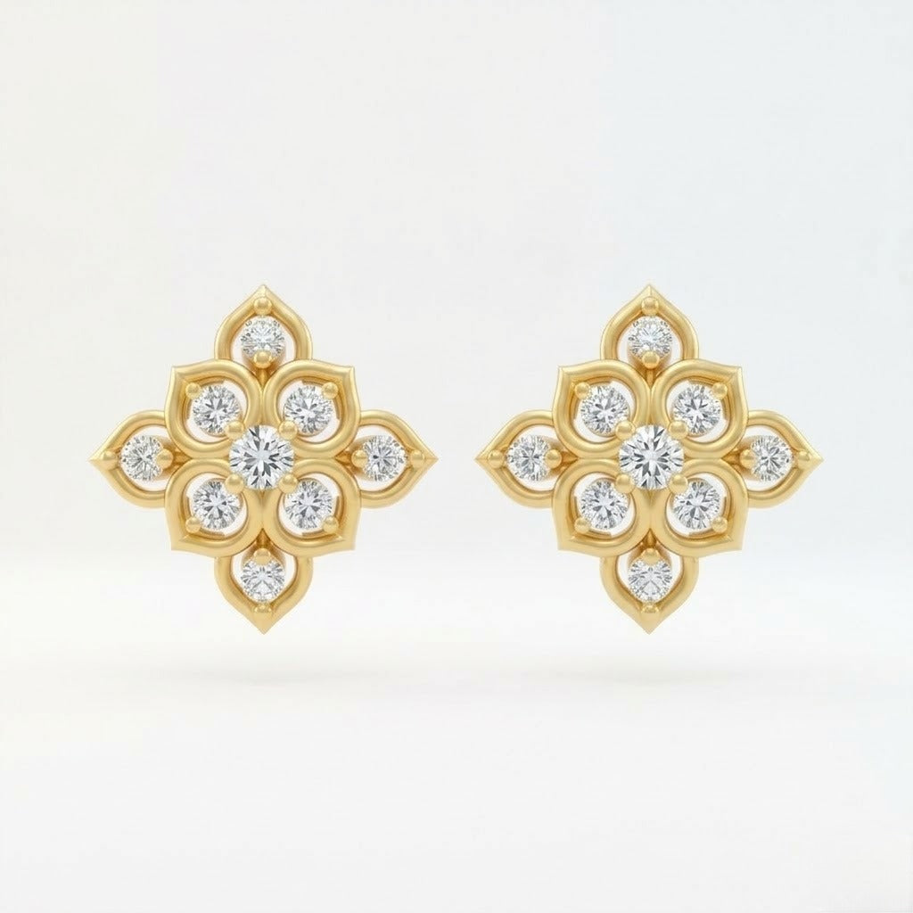 Ornate Floral Quatrefoil Diamond Gold Earrings