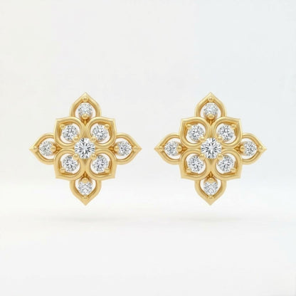 Ornate Floral Quatrefoil Diamond Gold Earrings
