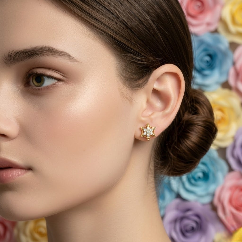 Hexagon Star Floral Diamond Gold Earrings