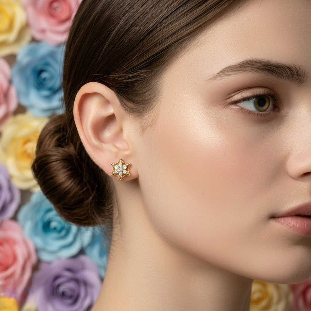 Hexagon Star Floral Diamond Gold Earrings