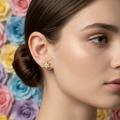 Hexagon Star Floral Diamond Gold Earrings