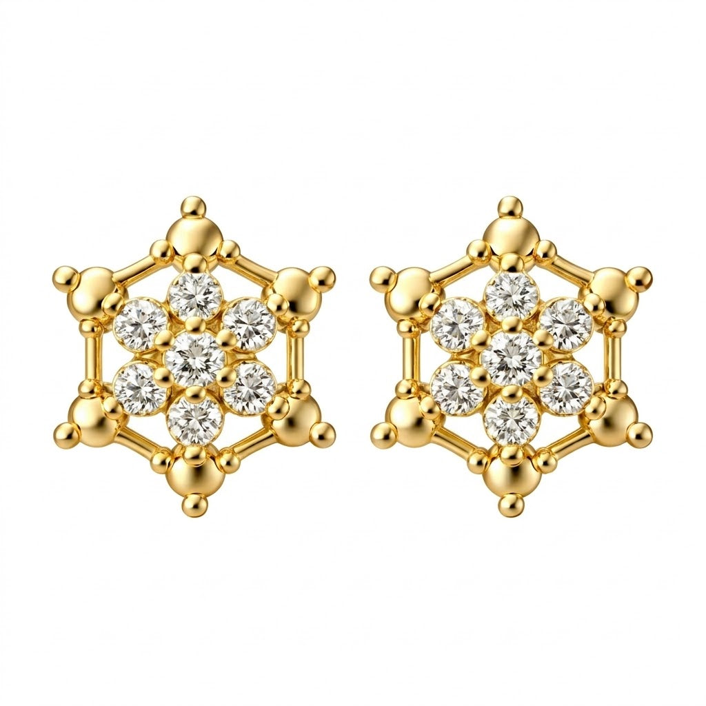 Hexagon Star Floral Diamond Gold Earrings