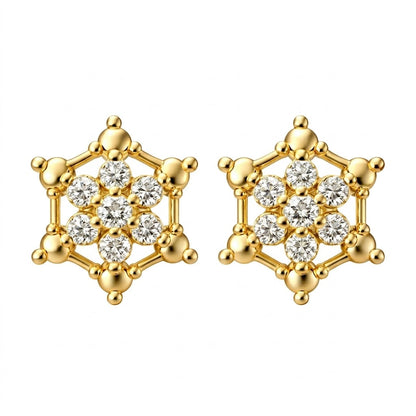 Hexagon Star Floral Diamond Gold Earrings