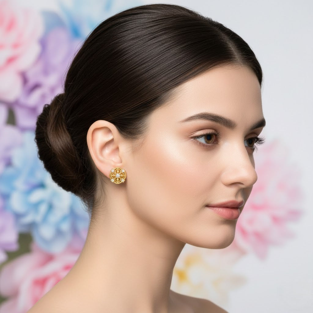 Circular Floral Scroll Diamond Gold Earrings