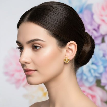 Circular Floral Scroll Diamond Gold Earrings