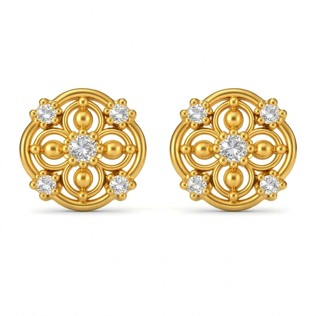 Circular Floral Scroll Diamond Gold Earrings