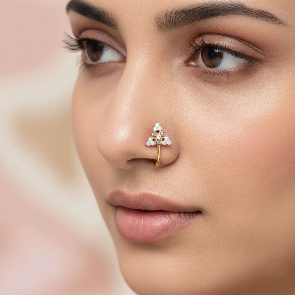 Elegant Triangular Floral Spark Diamond Gold Nose Pin