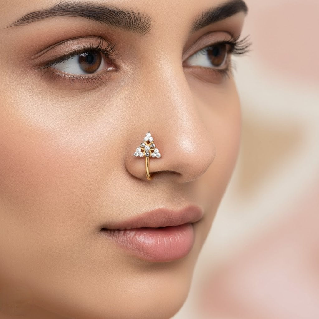 Elegant Triangular Floral Spark Diamond Gold Nose Pin