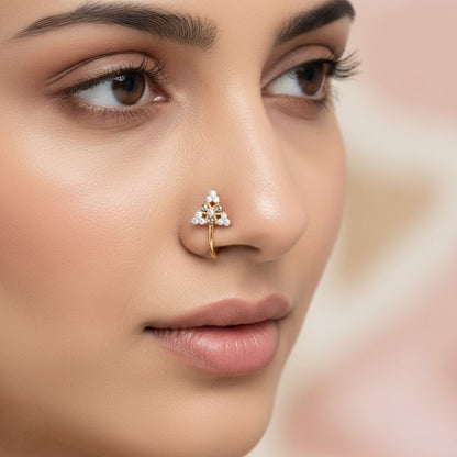 Elegant Triangular Floral Spark Diamond Gold Nose Pin