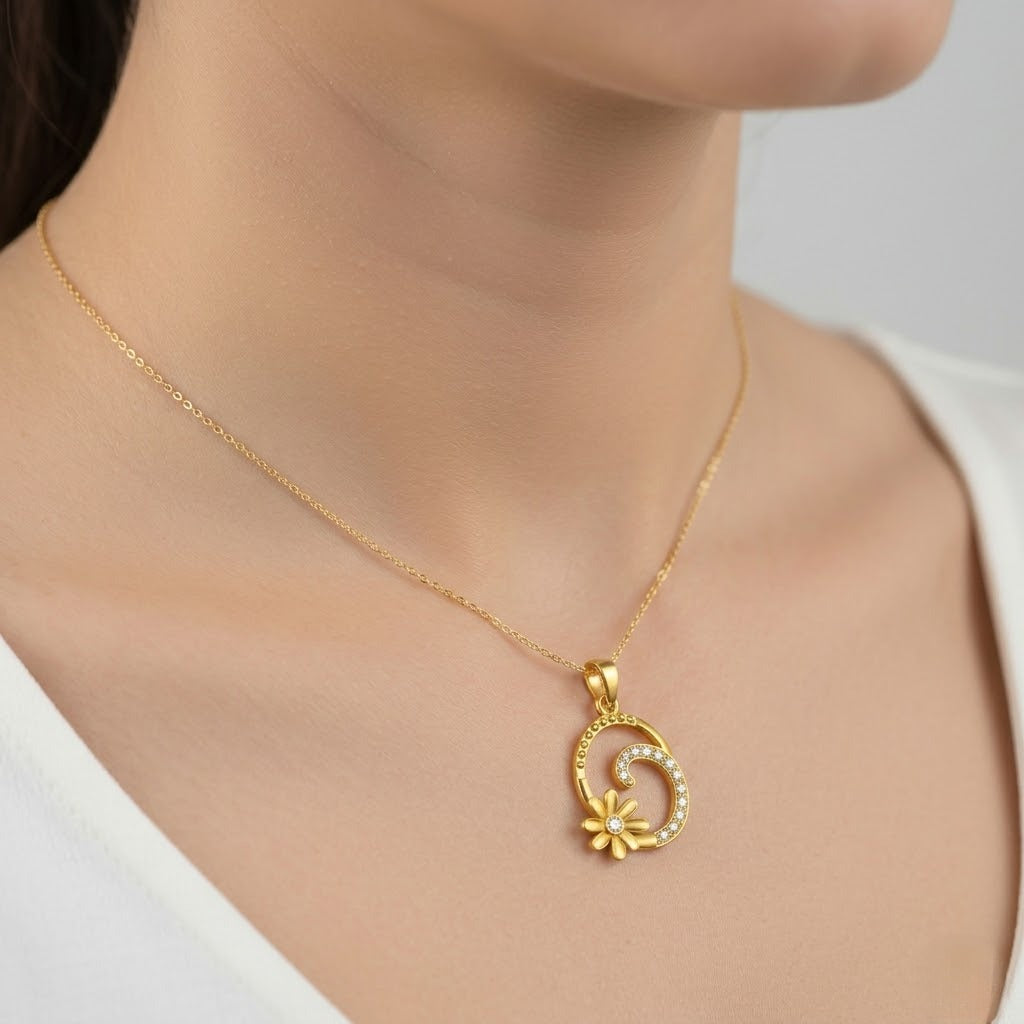 Elegant Floral Curve Motif diamond gold pendant
