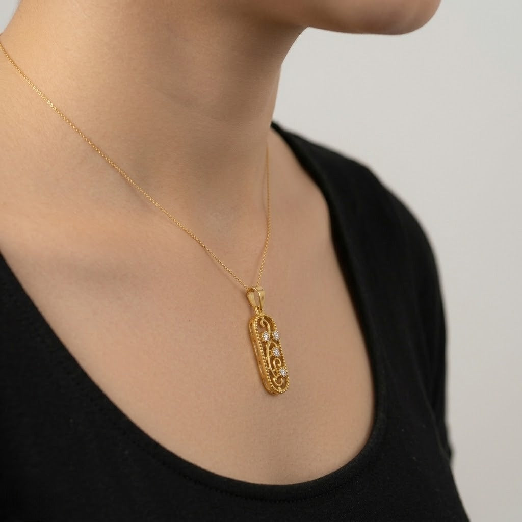 Regal Filigree Panel Diamond Gold Pendant