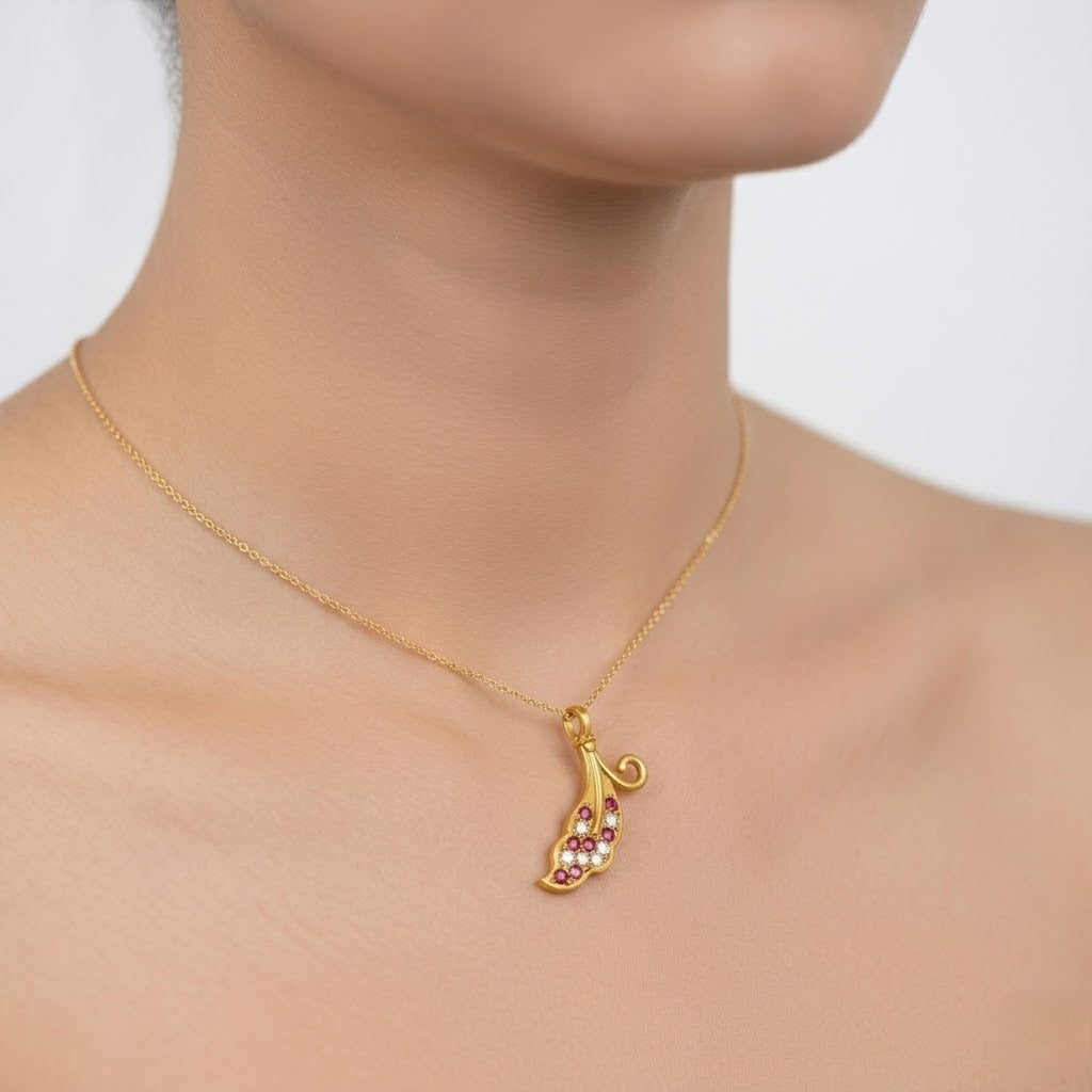 Graceful feather swirl diamond gold pendant
