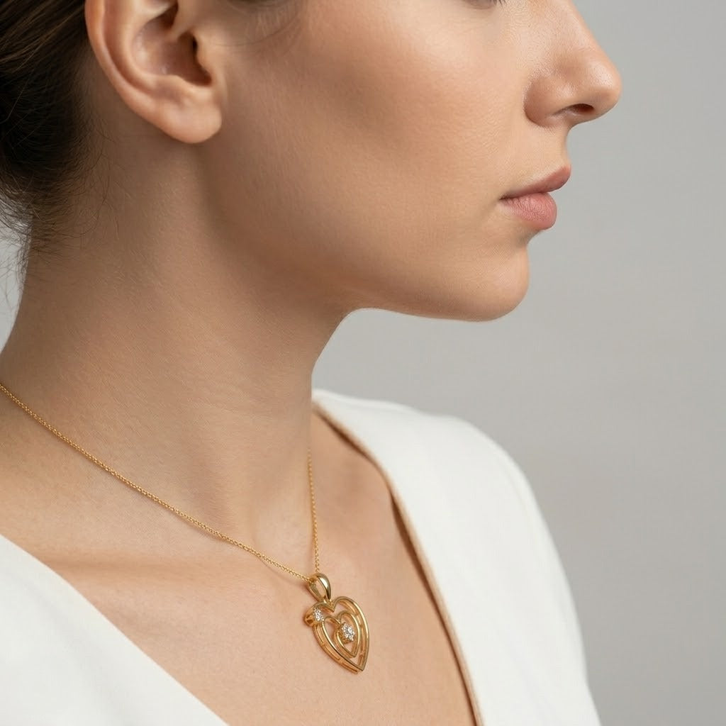 Elegant Double Heart Design diamond gold pendant