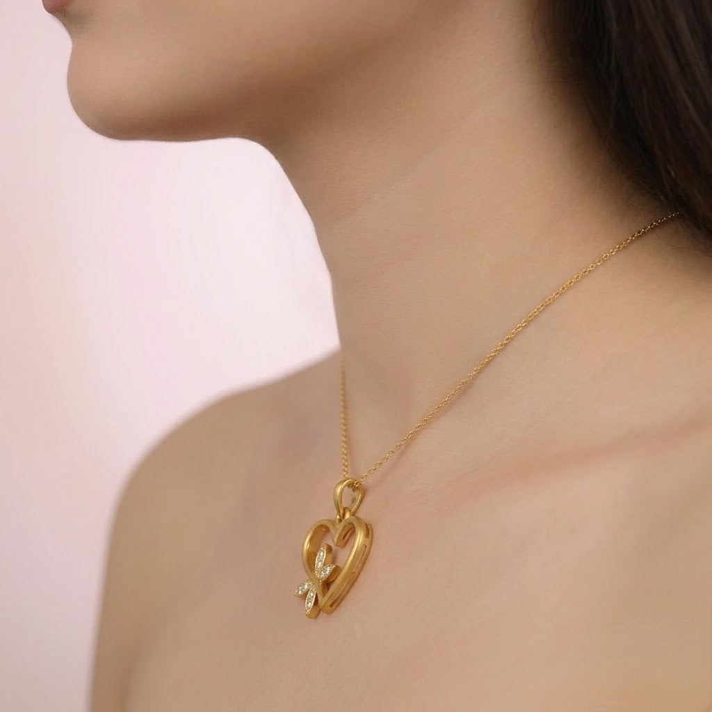 Heart Bloom Butterfly Charm diamond gold pendant