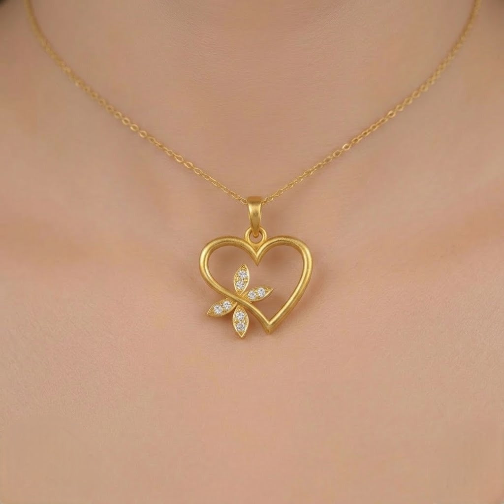 Heart Bloom Butterfly Charm diamond gold pendant