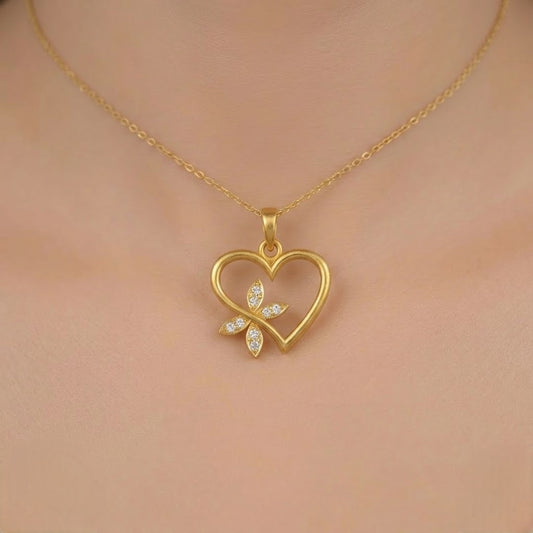 Heart Bloom Butterfly Charm diamond gold pendant