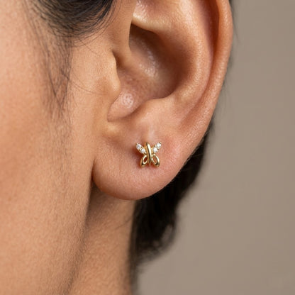 9K Gold White Stone Butterfly Second Stud Earrings