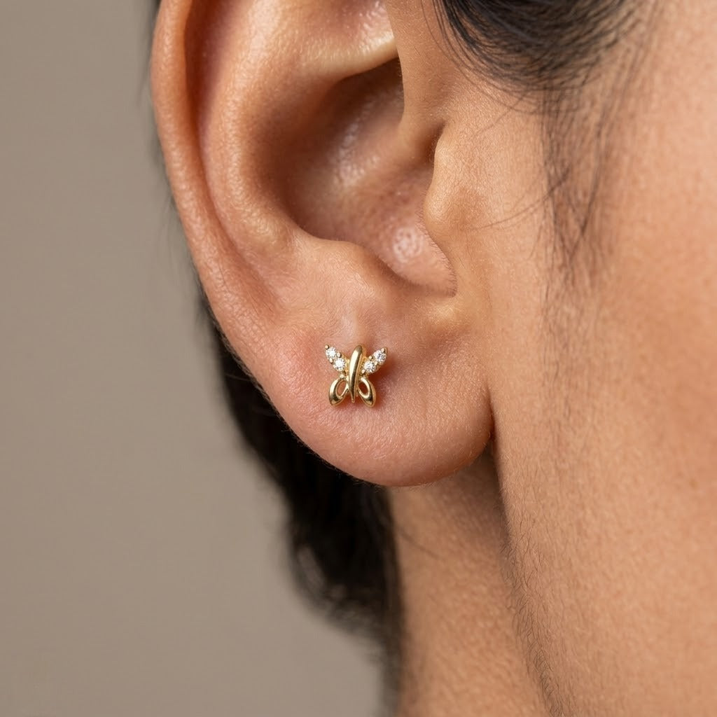 9K Gold White Stone Butterfly Second Stud Earrings